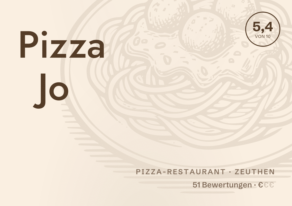 Illustriertes Poster von Pizza Jo, Pizza-Restaurant in Zeuthen: Bewertung 5,4 von 10 aus 51 Bewertungen, Preisniveau €
