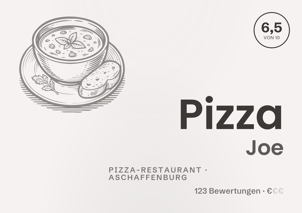 Illustriertes Poster von Pizza Joe, Pizza-Restaurant in Aschaffenburg: Bewertung 6,5 von 10 aus 123 Bewertungen, Preisniveau €