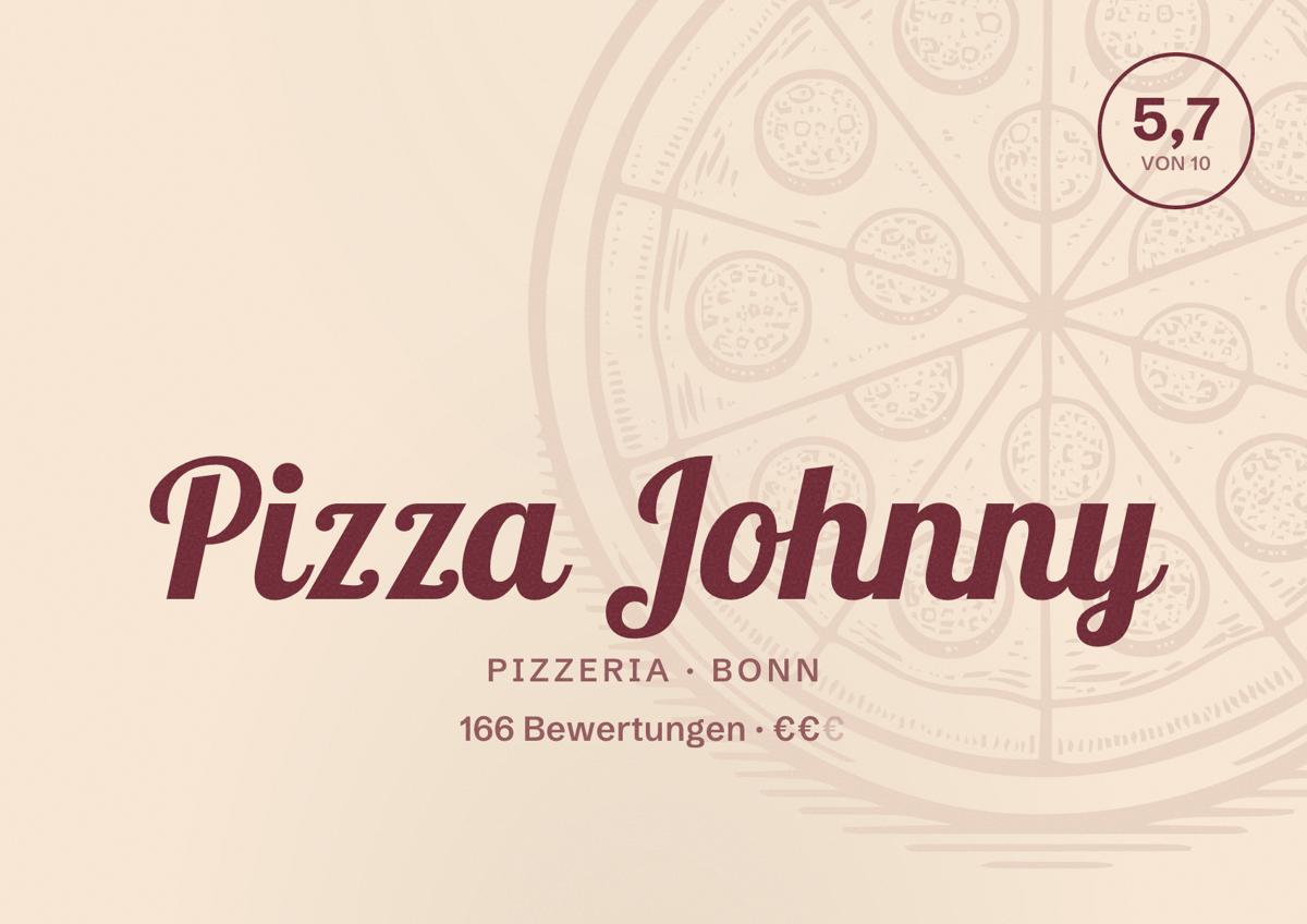 Illustriertes Poster von Pizza Johnny, Pizzeria in Bonn: Bewertung 5,7 von 10 aus 166 Bewertungen, Preisniveau €€