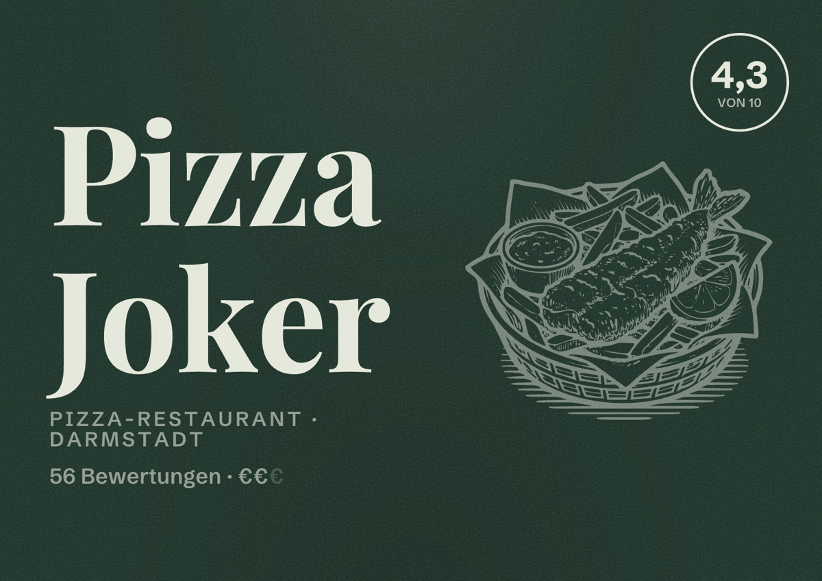 Illustriertes Poster von Pizza Joker, Pizza-Restaurant in Darmstadt: Bewertung 4,3 von 10 aus 56 Bewertungen, Preisniveau €€
