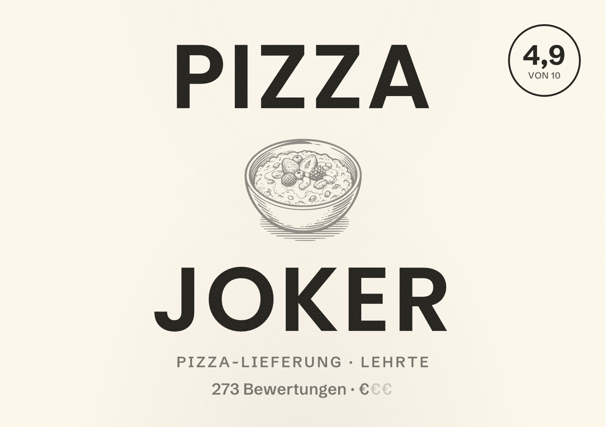 Illustriertes Poster von Pizza Joker, Pizza-Lieferung in Lehrte: Bewertung 4,9 von 10 aus 273 Bewertungen, Preisniveau €