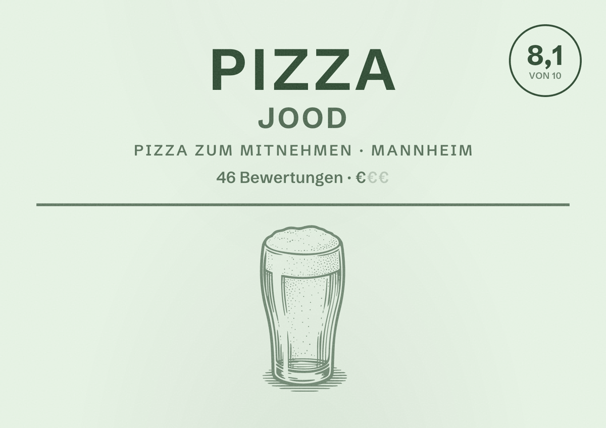 Illustriertes Poster von Pizza Jood, Pizza zum Mitnehmen in Mannheim: Bewertung 8,1 von 10 aus 46 Bewertungen, Preisniveau €