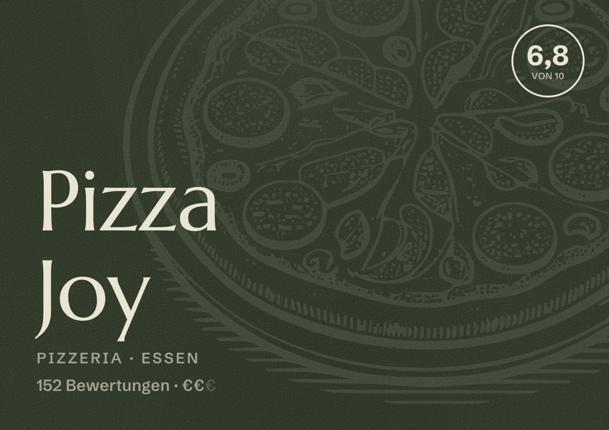 Illustriertes Poster von Pizza Joy, Pizzeria in Essen: Bewertung 6,8 von 10 aus 152 Bewertungen, Preisniveau €€