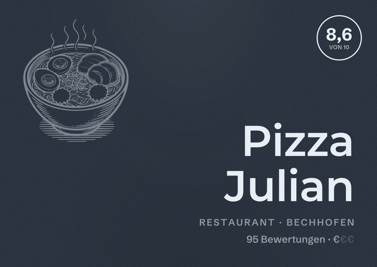 Illustriertes Poster von Pizza Julian, Restaurant in Bechhofen: Bewertung 8,6 von 10 aus 95 Bewertungen, Preisniveau €