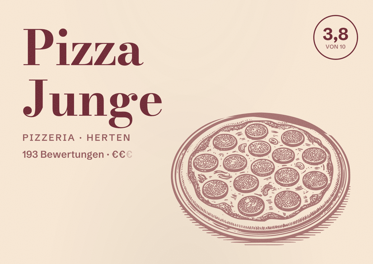 Illustriertes Poster von Pizza Junge, Pizzeria in Herten: Bewertung 3,8 von 10 aus 193 Bewertungen, Preisniveau €€