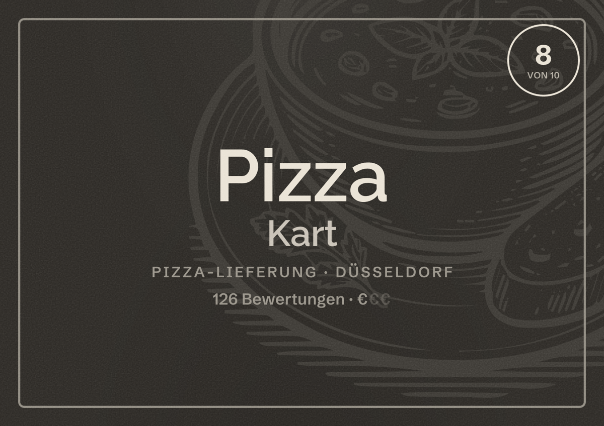Illustriertes Poster von Pizza Kart, Pizza-Lieferung in Düsseldorf: Bewertung 8,0 von 10 aus 126 Bewertungen, Preisniveau €
