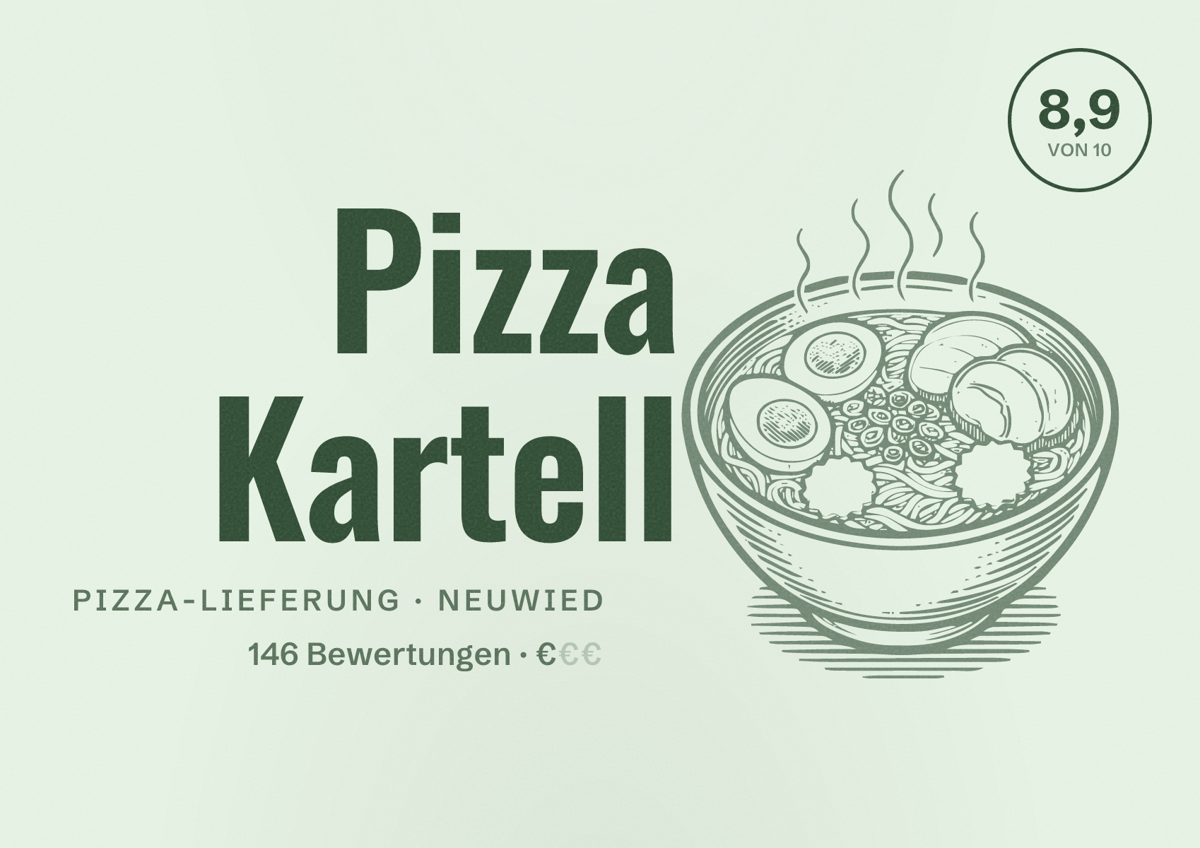 Illustriertes Poster von Pizza Kartell, Pizza-Lieferung in Neuwied: Bewertung 8,9 von 10 aus 146 Bewertungen, Preisniveau €