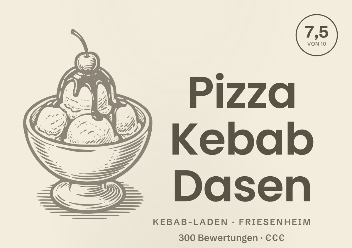 Illustriertes Poster von Pizza Kebab Dasen, Kebab-Laden in Friesenheim: Bewertung 7,5 von 10 aus 300 Bewertungen, Preisniveau €€€