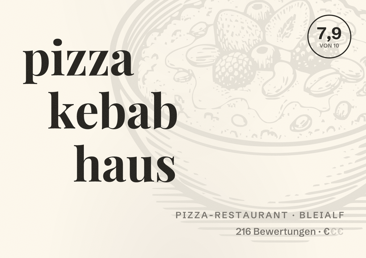Illustriertes Poster von pizza kebab haus, Pizza-Restaurant in Bleialf: Bewertung 7,9 von 10 aus 216 Bewertungen, Preisniveau €