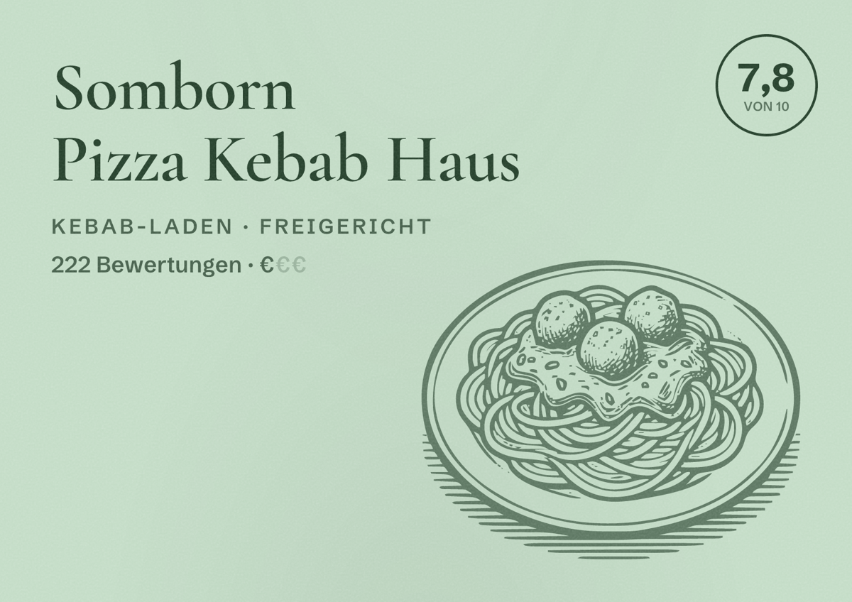 Illustriertes Poster von Somborn Pizza Kebab Haus, Kebab-Laden in Freigericht: Bewertung 7,8 von 10 aus 222 Bewertungen, Preisniveau €
