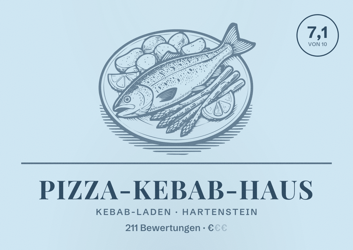 Illustriertes Poster von Pizza-Kebab-Haus, Kebab-Laden in Hartenstein: Bewertung 7,1 von 10 aus 211 Bewertungen, Preisniveau €
