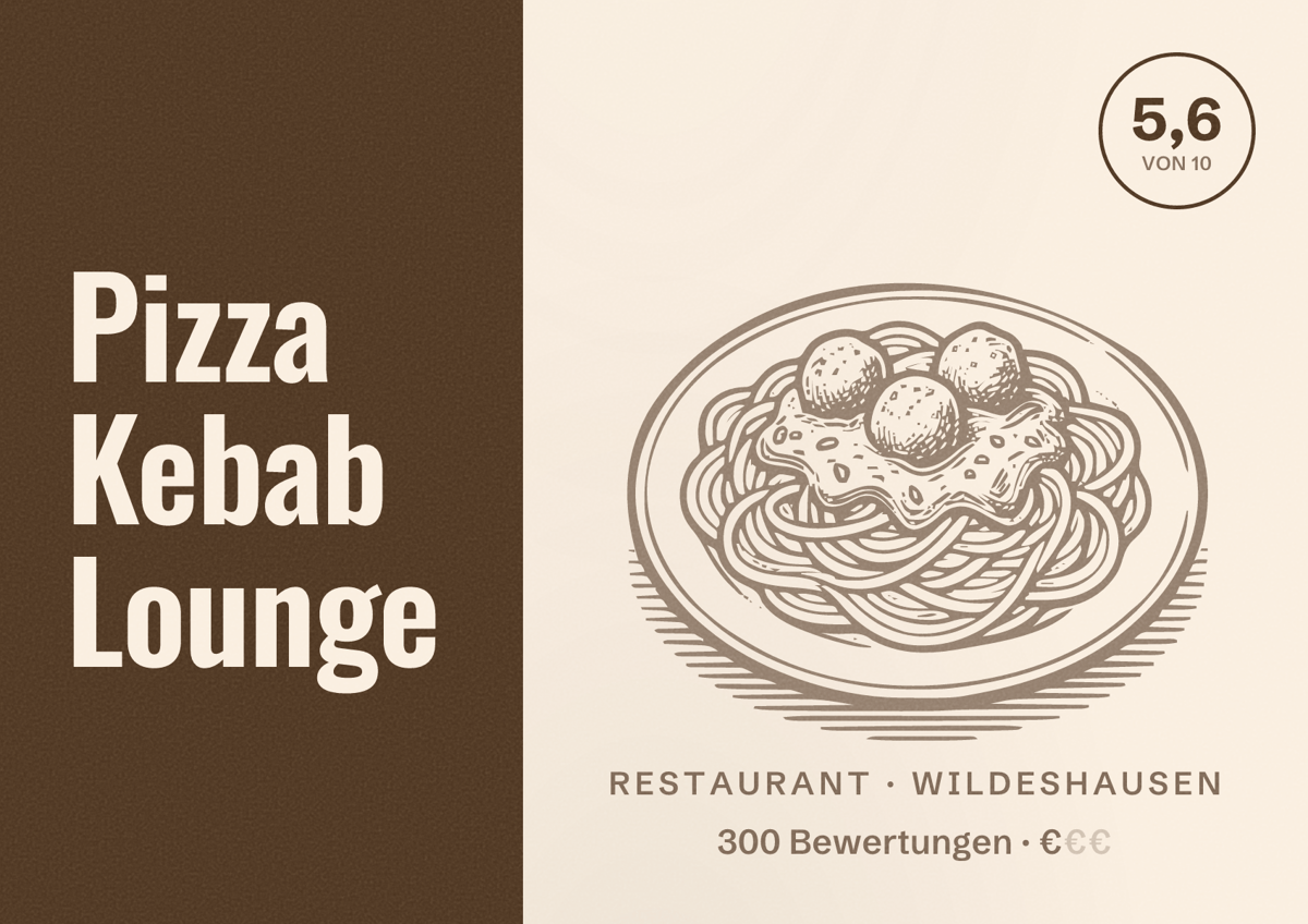 Illustriertes Poster von Pizza Kebab Lounge, Restaurant in Wildeshausen: Bewertung 5,6 von 10 aus 300 Bewertungen, Preisniveau €