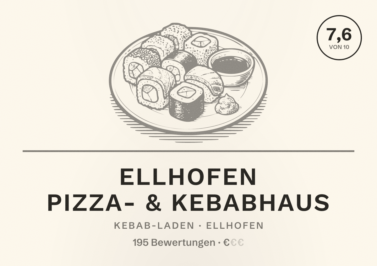 Illustriertes Poster von Ellhofen Pizza- & Kebabhaus, Kebab-Laden in Ellhofen: Bewertung 7,6 von 10 aus 195 Bewertungen, Preisniveau €