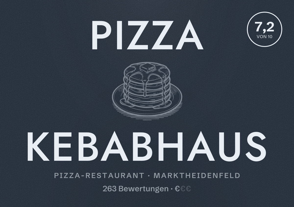 Illustriertes Poster von Pizza Kebabhaus, Pizza-Restaurant in Marktheidenfeld: Bewertung 7,2 von 10 aus 263 Bewertungen, Preisniveau €
