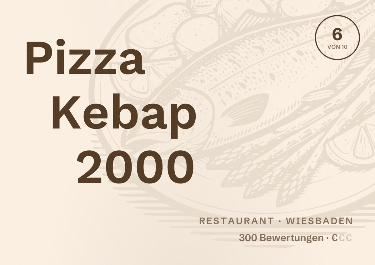 Illustriertes Poster von Pizza Kebap 2000, Restaurant in Wiesbaden: Bewertung 6,0 von 10 aus 300 Bewertungen, Preisniveau €