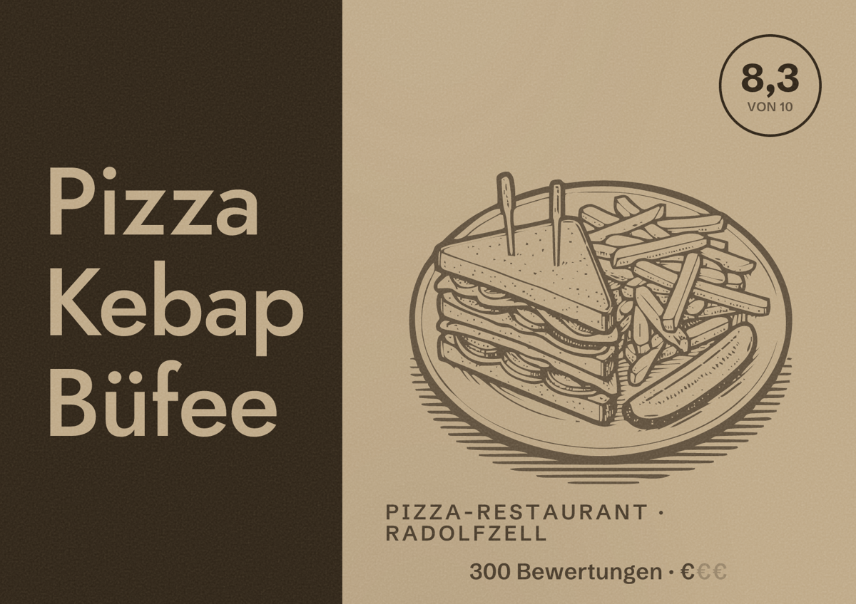 Illustriertes Poster von Pizza Kebap Büfee, Pizza-Restaurant in Radolfzell: Bewertung 8,3 von 10 aus 300 Bewertungen, Preisniveau €