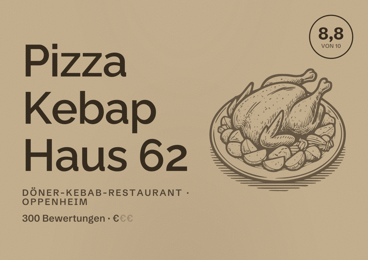 Illustriertes Poster von Pizza Kebap Haus 62, Döner-Kebab-Restaurant in Oppenheim: Bewertung 8,8 von 10 aus 300 Bewertungen, Preisniveau €