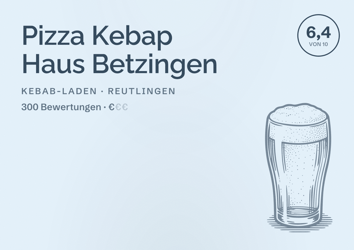 Illustriertes Poster von Pizza Kebap Haus Betzingen, Kebab-Laden in Reutlingen: Bewertung 6,4 von 10 aus 300 Bewertungen, Preisniveau €