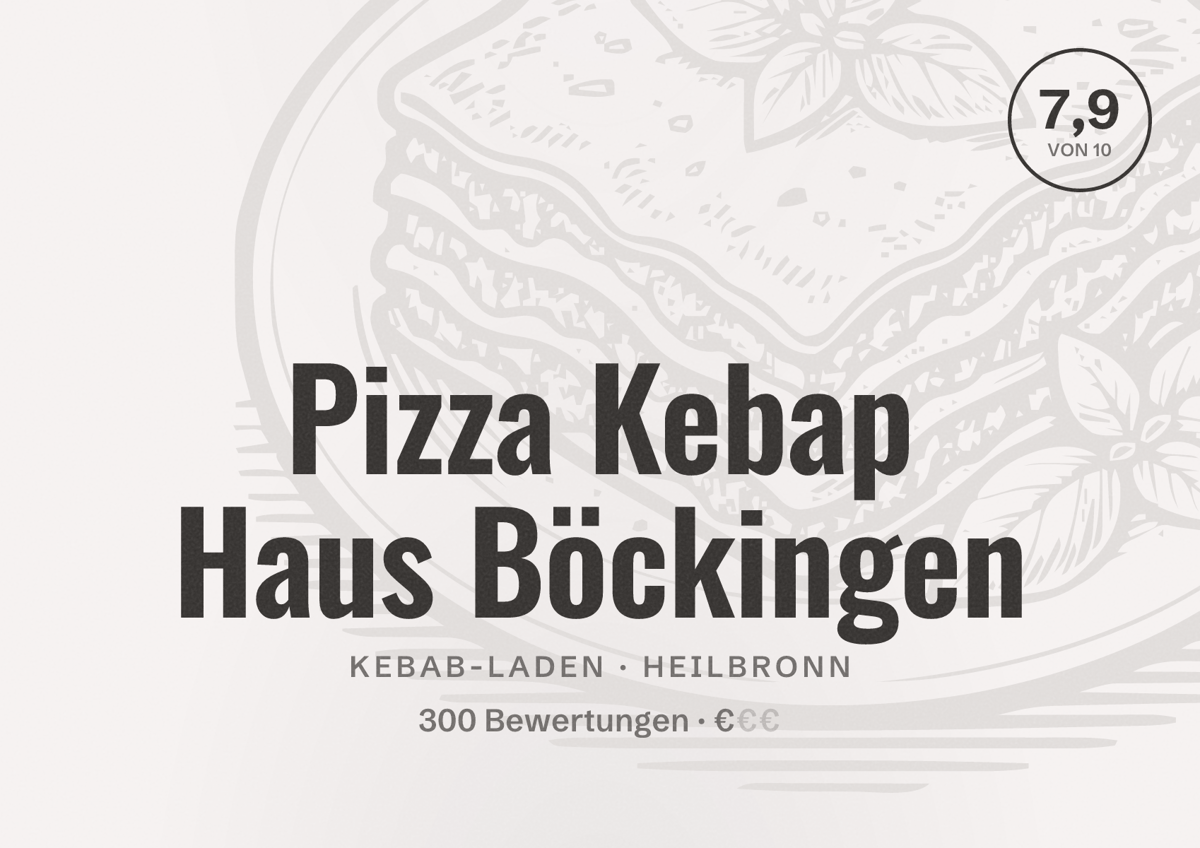 Illustriertes Poster von Pizza Kebap Haus Böckingen, Kebab-Laden in Heilbronn: Bewertung 7,9 von 10 aus 300 Bewertungen, Preisniveau €