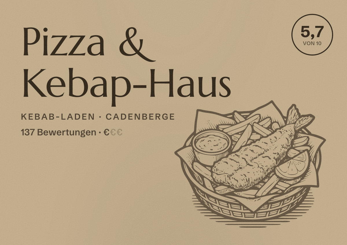 Illustriertes Poster von Pizza & Kebap-Haus, Kebab-Laden in Cadenberge: Bewertung 5,7 von 10 aus 137 Bewertungen, Preisniveau €