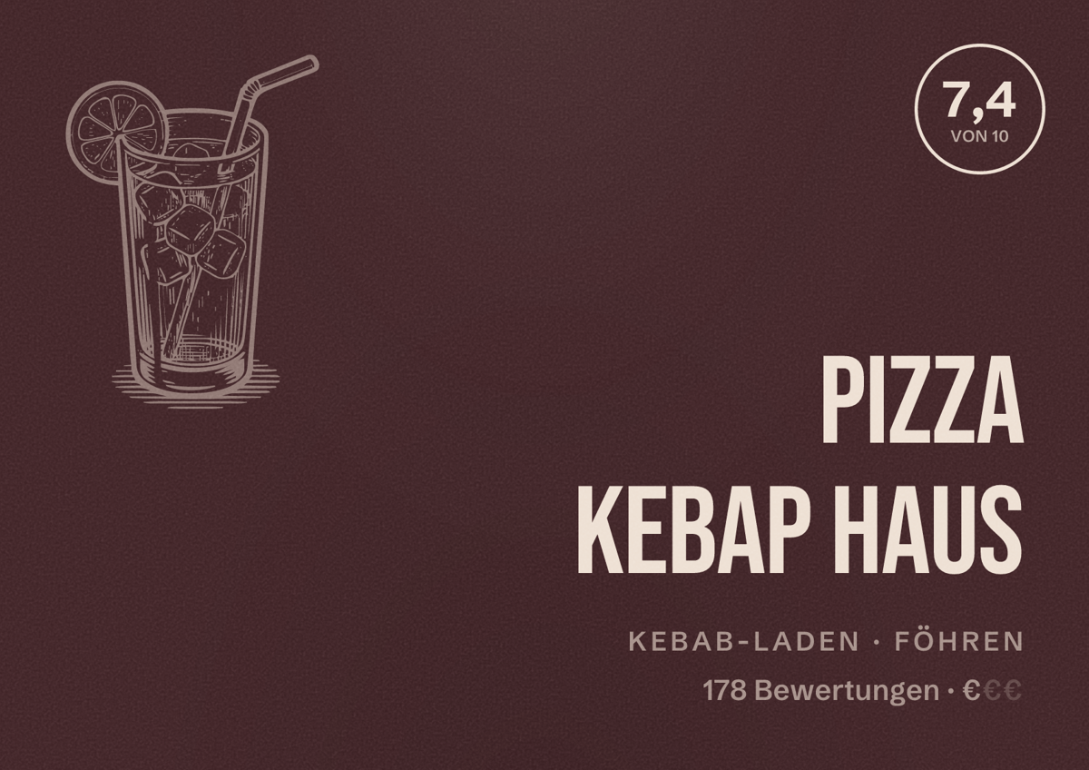 Illustriertes Poster von Pizza Kebap Haus, Kebab-Laden in Föhren: Bewertung 7,4 von 10 aus 178 Bewertungen, Preisniveau €