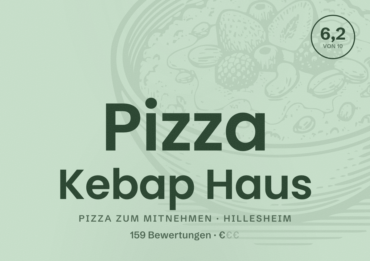 Illustriertes Poster von Pizza Kebap Haus, Pizza zum Mitnehmen in Hillesheim: Bewertung 6,2 von 10 aus 159 Bewertungen, Preisniveau €