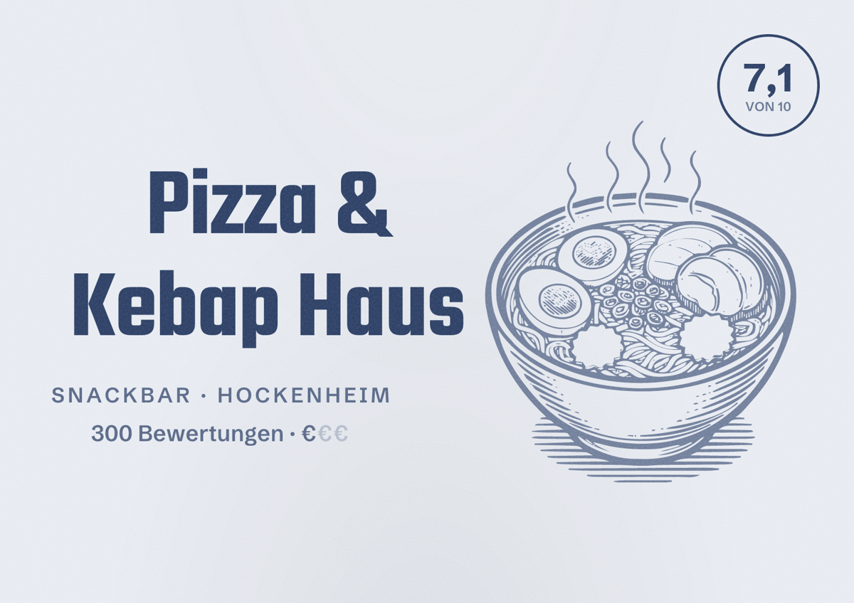 Illustriertes Poster von Pizza & Kebap Haus, Snackbar in Hockenheim: Bewertung 7,1 von 10 aus 300 Bewertungen, Preisniveau €