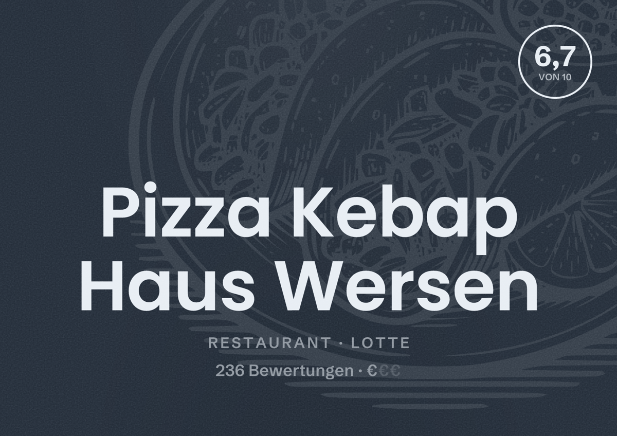 Illustriertes Poster von Pizza Kebap Haus Wersen, Restaurant in Lotte: Bewertung 6,7 von 10 aus 236 Bewertungen, Preisniveau €
