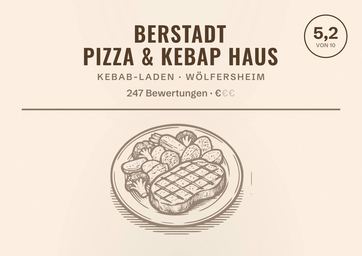 Illustriertes Poster von Berstadt Pizza & Kebap Haus, Kebab-Laden in Wölfersheim: Bewertung 5,2 von 10 aus 247 Bewertungen, Preisniveau €