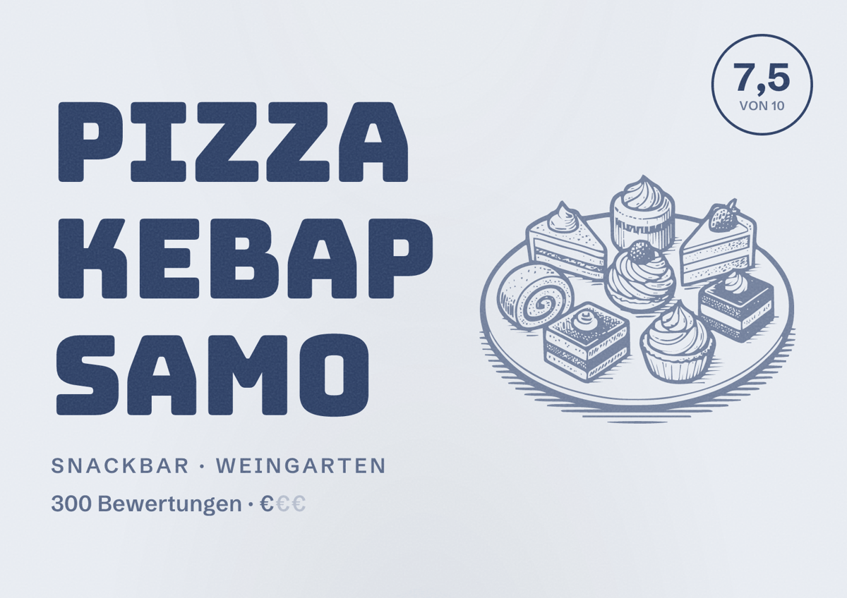 Illustriertes Poster von Pizza Kebap Samo, Snackbar in Weingarten: Bewertung 7,5 von 10 aus 300 Bewertungen, Preisniveau €