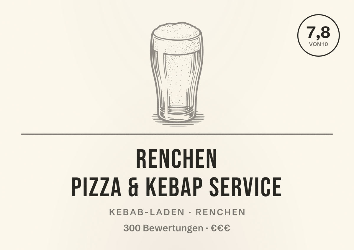 Illustriertes Poster von Renchen Pizza & Kebap Service, Kebab-Laden in Renchen: Bewertung 7,8 von 10 aus 300 Bewertungen, Preisniveau €€€