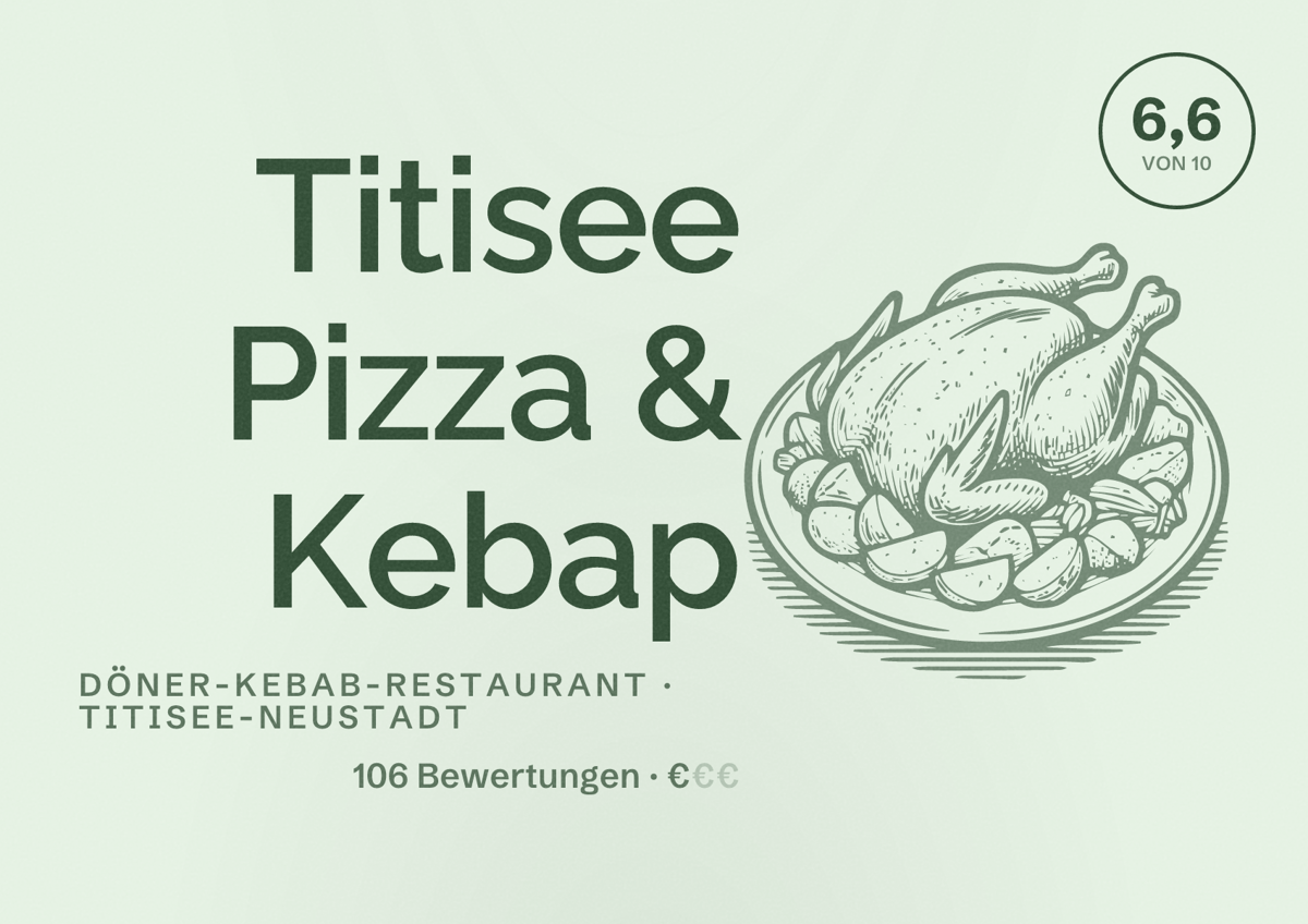 Illustriertes Poster von Titisee Pizza & Kebap, Döner-Kebab-Restaurant in Titisee-Neustadt: Bewertung 6,6 von 10 aus 106 Bewertungen, Preisniveau €