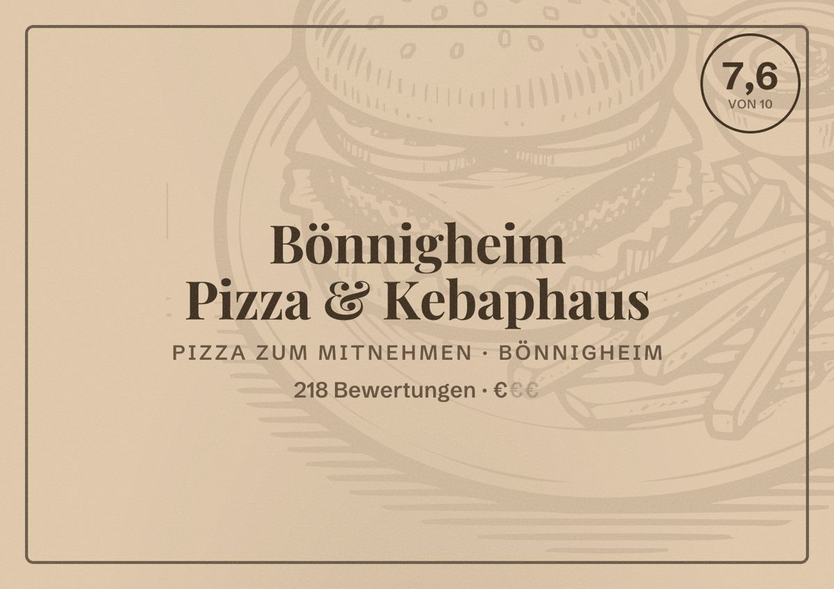 Illustriertes Poster von Bönnigheim Pizza & Kebaphaus, Pizza zum Mitnehmen in Bönnigheim: Bewertung 7,6 von 10 aus 218 Bewertungen, Preisniveau €