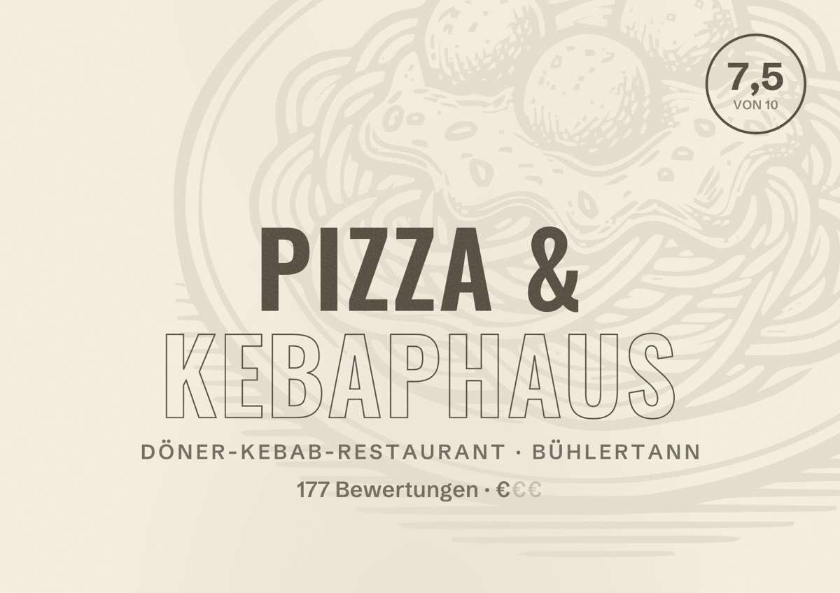 Illustriertes Poster von Pizza & Kebaphaus, Döner-Kebab-Restaurant in Bühlertann: Bewertung 7,5 von 10 aus 177 Bewertungen, Preisniveau €