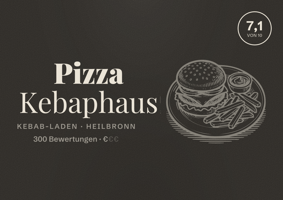 Illustriertes Poster von Pizza Kebaphaus, Kebab-Laden in Heilbronn: Bewertung 7,1 von 10 aus 300 Bewertungen, Preisniveau €