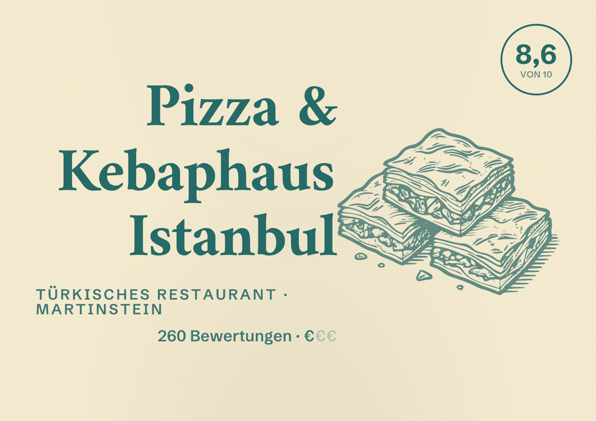 Illustriertes Poster von Pizza & Kebaphaus Istanbul, Türkisches Restaurant in Martinstein: Bewertung 8,6 von 10 aus 260 Bewertungen, Preisniveau €