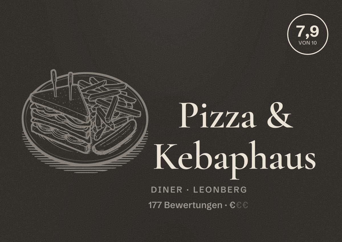 Illustriertes Poster von Pizza & Kebaphaus, Diner in Leonberg: Bewertung 7,9 von 10 aus 177 Bewertungen, Preisniveau €