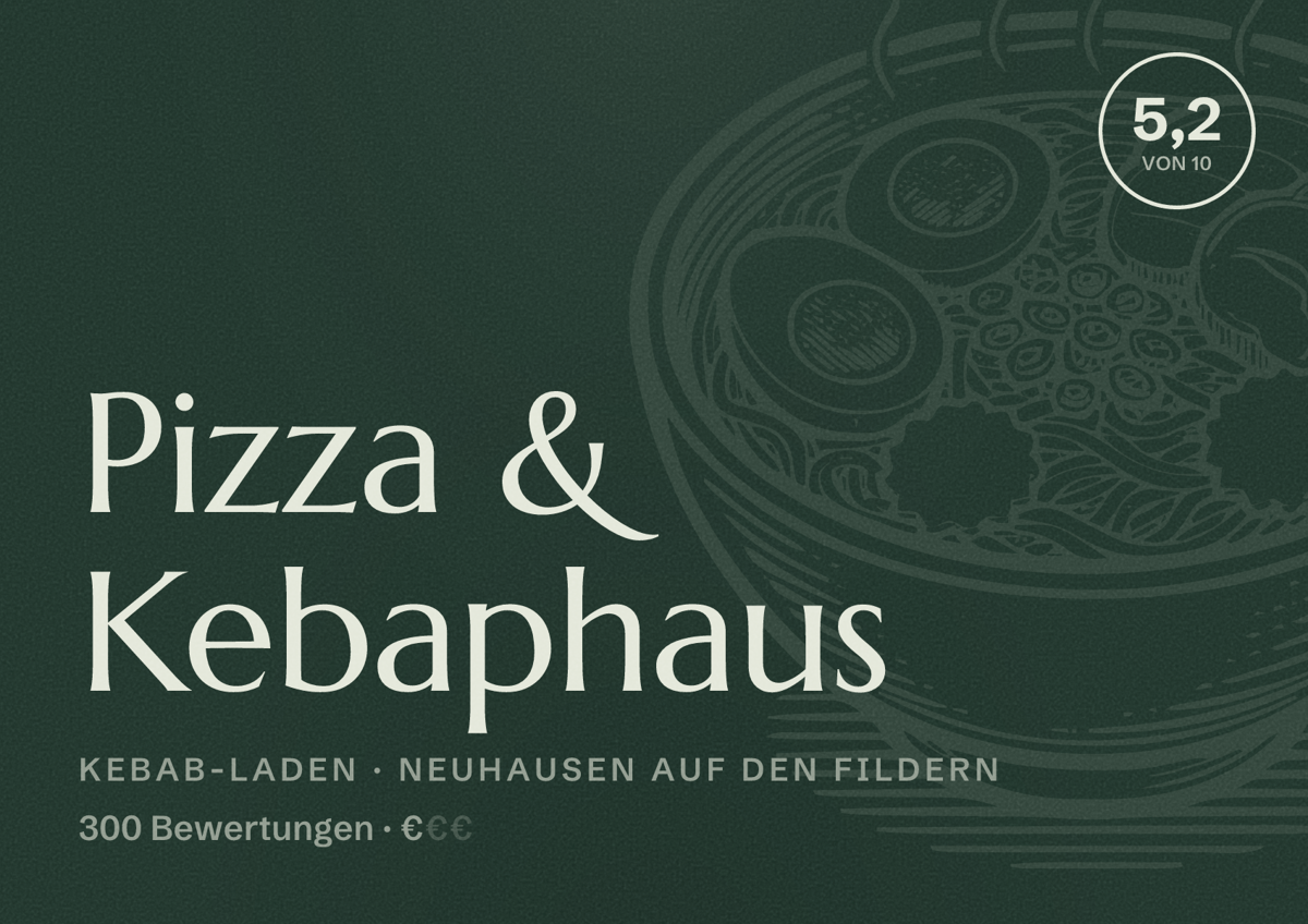 Illustriertes Poster von Pizza & Kebaphaus, Kebab-Laden in Neuhausen auf den Fildern: Bewertung 5,2 von 10 aus 300 Bewertungen, Preisniveau €