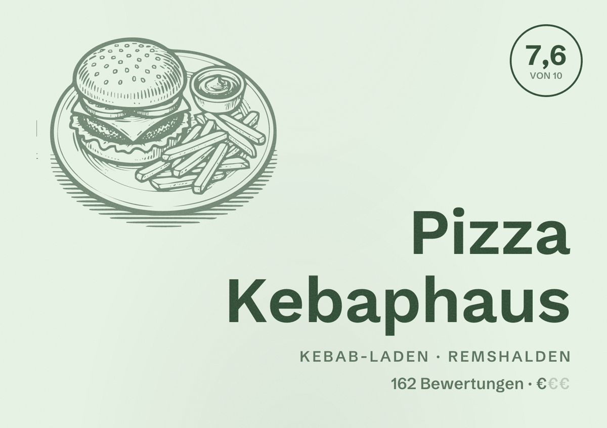 Illustriertes Poster von Pizza Kebaphaus, Kebab-Laden in Remshalden: Bewertung 7,6 von 10 aus 162 Bewertungen, Preisniveau €