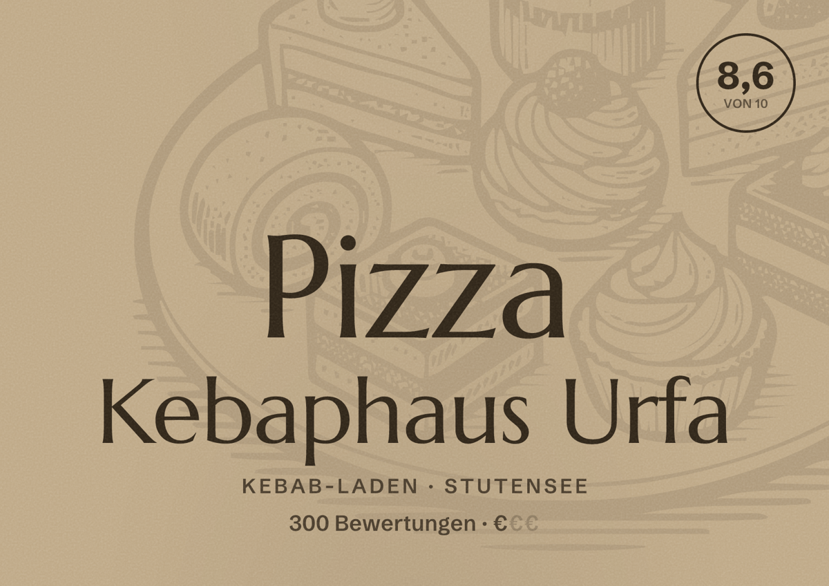 Illustriertes Poster von Pizza Kebaphaus Urfa, Kebab-Laden in Stutensee: Bewertung 8,6 von 10 aus 300 Bewertungen, Preisniveau €