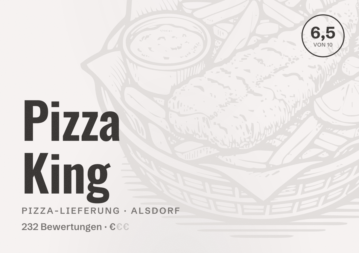 Illustriertes Poster von Pizza King, Pizza-Lieferung in Alsdorf: Bewertung 6,5 von 10 aus 232 Bewertungen, Preisniveau €