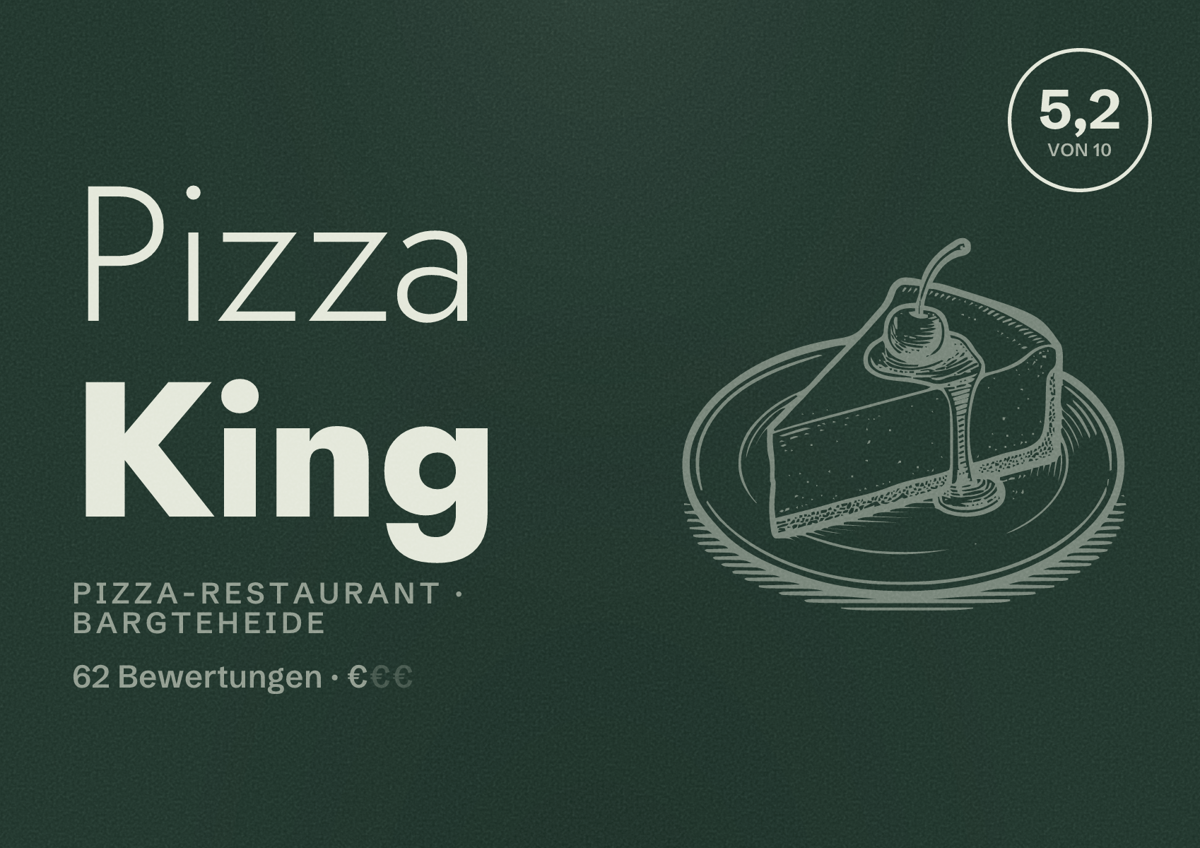 Illustriertes Poster von Pizza King, Pizza-Restaurant in Bargteheide: Bewertung 5,2 von 10 aus 62 Bewertungen, Preisniveau €