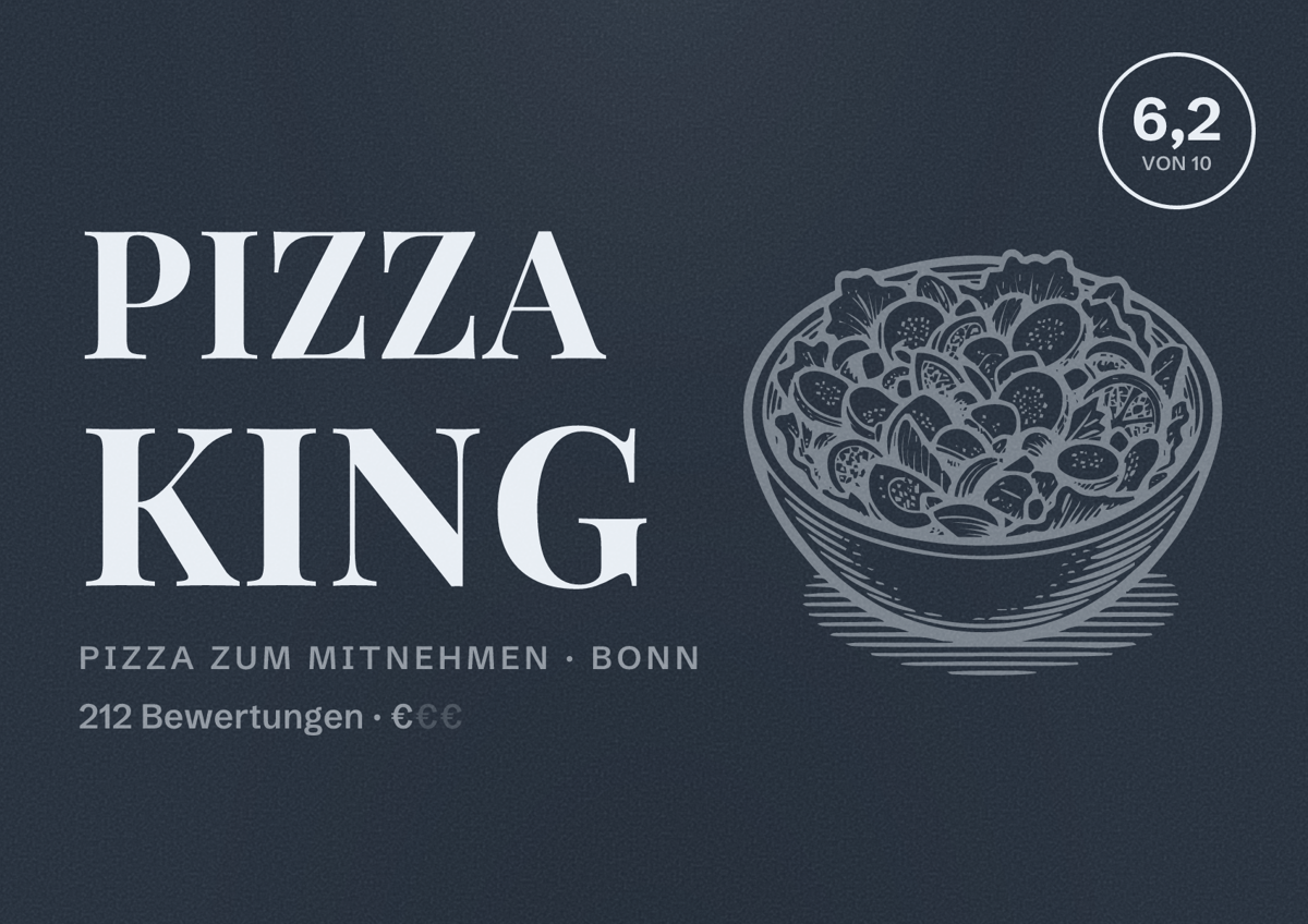 Illustriertes Poster von Pizza King, Pizza zum Mitnehmen in Bonn: Bewertung 6,2 von 10 aus 212 Bewertungen, Preisniveau €