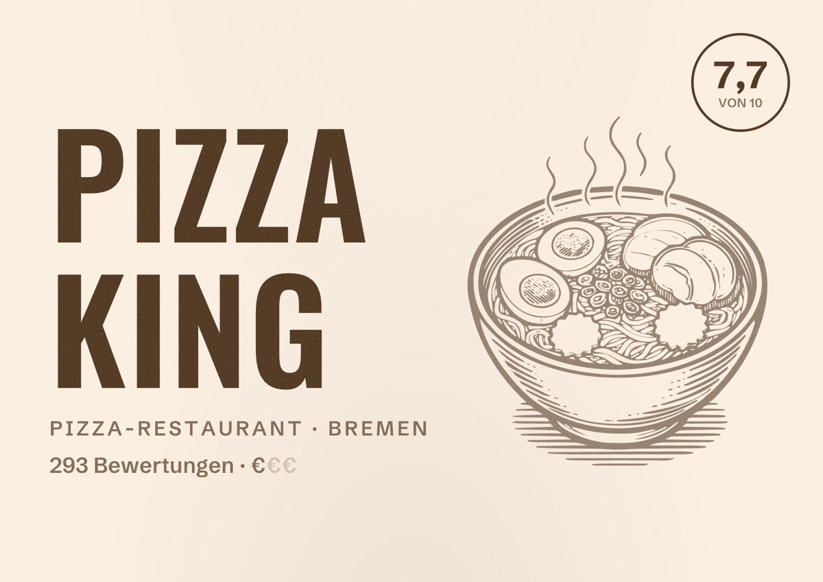 Illustriertes Poster von Pizza King, Pizza-Restaurant in Bremen: Bewertung 7,7 von 10 aus 293 Bewertungen, Preisniveau €