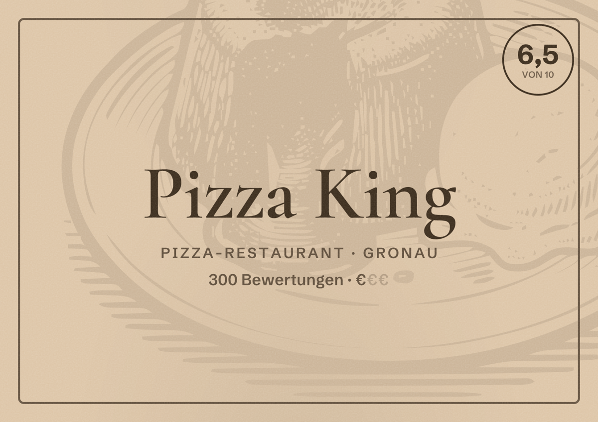 Illustriertes Poster von Pizza King, Pizza-Restaurant in Gronau: Bewertung 6,5 von 10 aus 300 Bewertungen, Preisniveau €