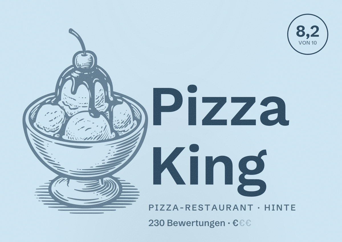 Illustriertes Poster von Pizza King, Pizza-Restaurant in Hinte: Bewertung 8,2 von 10 aus 230 Bewertungen, Preisniveau €