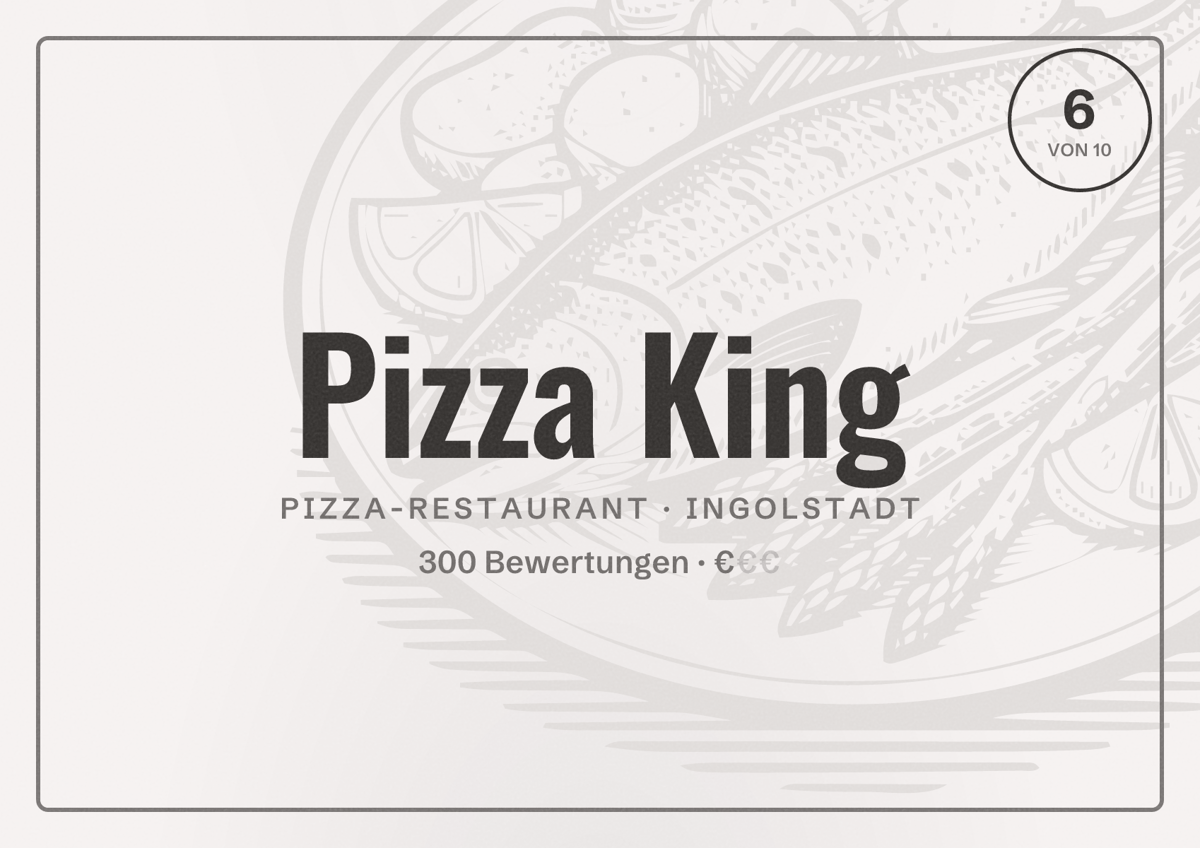 Illustriertes Poster von Pizza King, Pizza-Restaurant in Ingolstadt: Bewertung 6 von 10 aus 300 Bewertungen, Preisniveau €