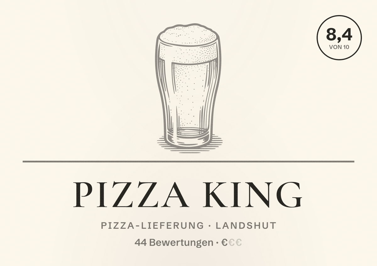Illustriertes Poster von Pizza King, Pizza-Lieferung in Landshut: Bewertung 8,4 von 10 aus 44 Bewertungen, Preisniveau €