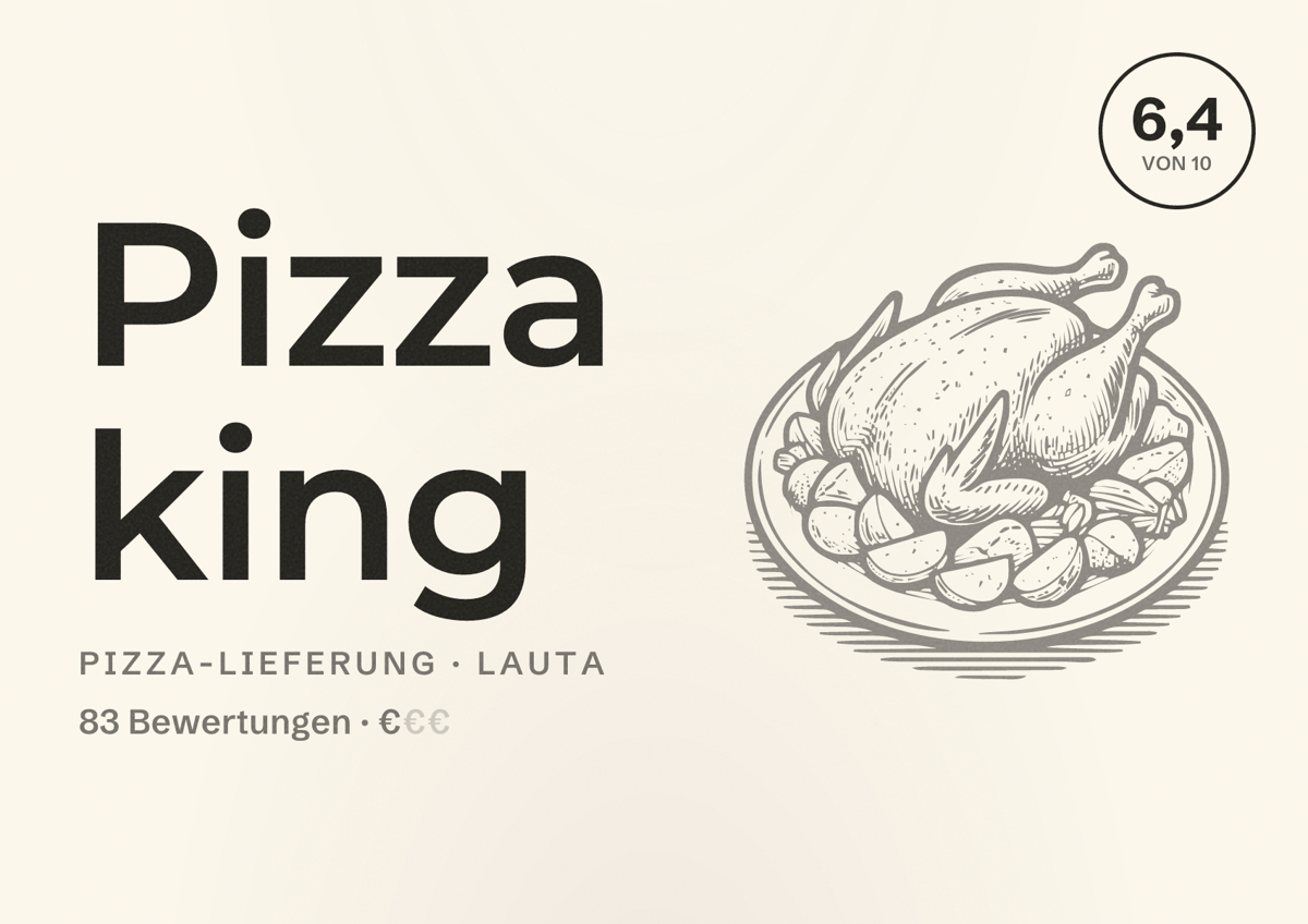 Illustriertes Poster von Pizza king, Pizza-Lieferung in Lauta: Bewertung 6,4 von 10 aus 83 Bewertungen, Preisniveau €