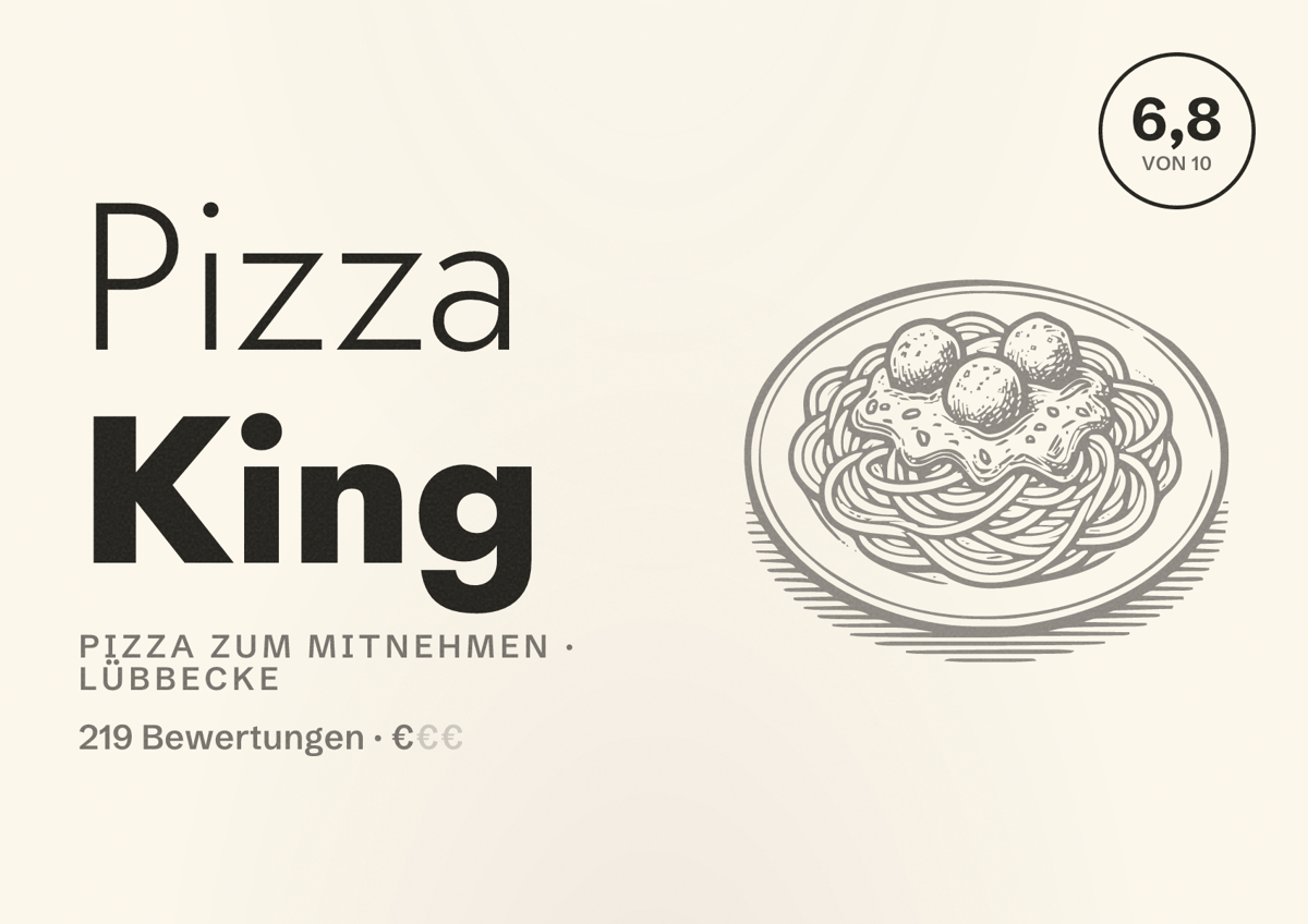 Illustriertes Poster von Pizza King, Pizza zum Mitnehmen in Lübbecke: Bewertung 6,8 von 10 aus 219 Bewertungen, Preisniveau €